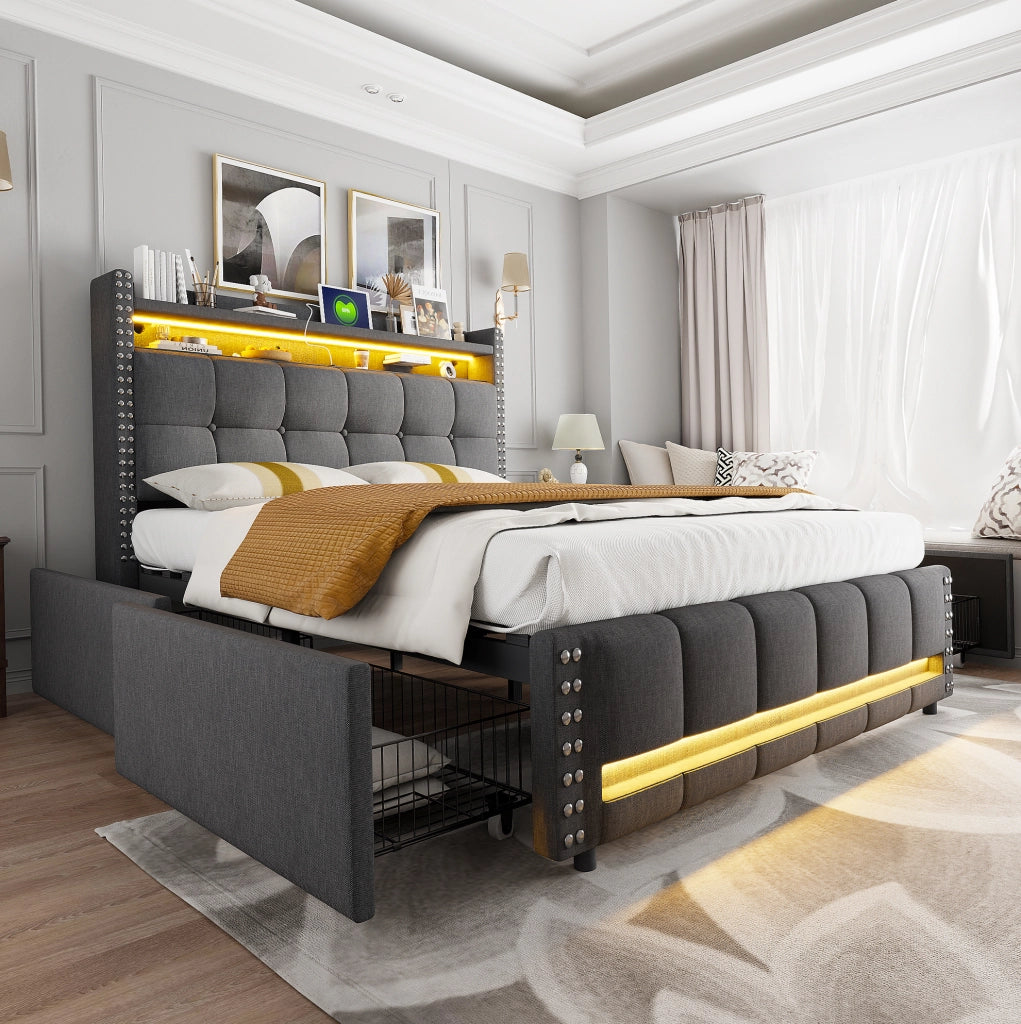 Letto matrimoniale 140x200 cm con LED; porta USB e contenitore; tessuto di lino grigio