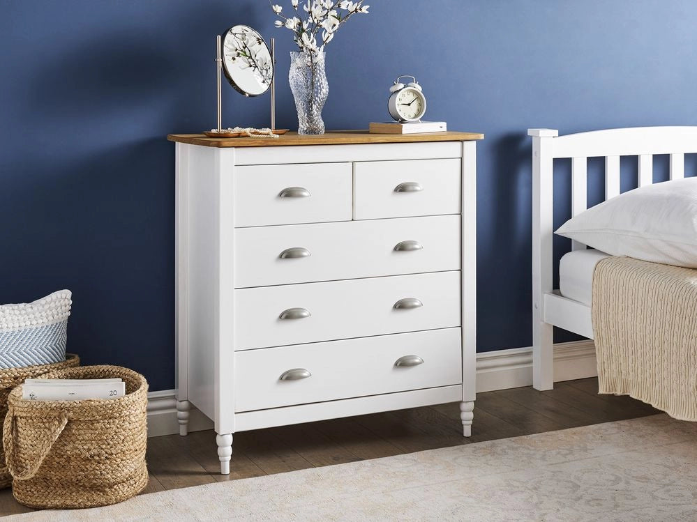 Credenza bianca a 5 cassetti con ripiano in legno in stile scandinavo