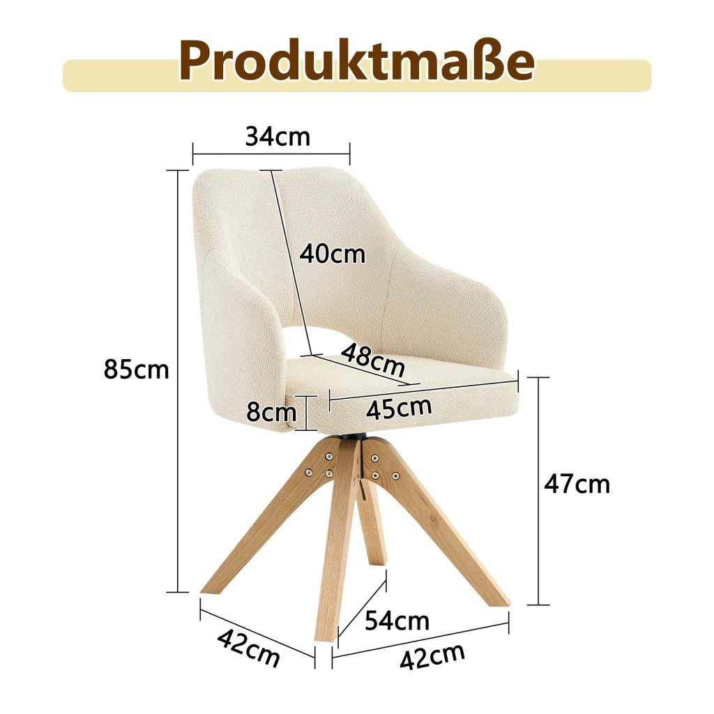Sedie da pranzo girevoli set da 2 con schienale ergonomico e rotazione 360 gradi in tessuto bianco e legno massello