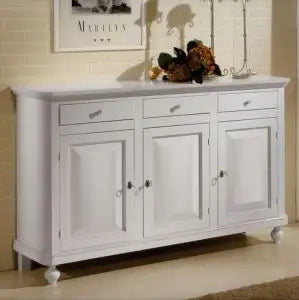Credenza base napoletana in legno Shabby chic 3 ante bianca pomelli argento