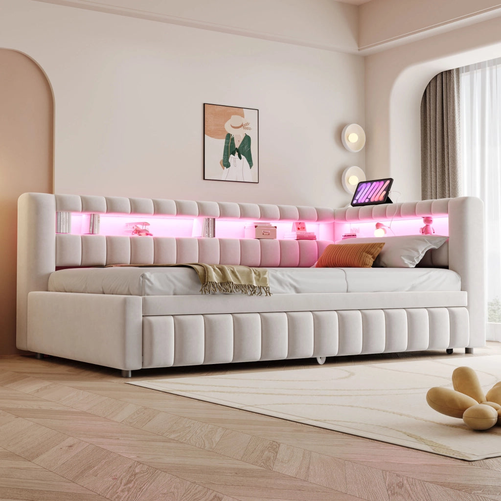 Letto imbottito trasformabile con LED, porte USB e USB-C, 90x200 cm, beige
