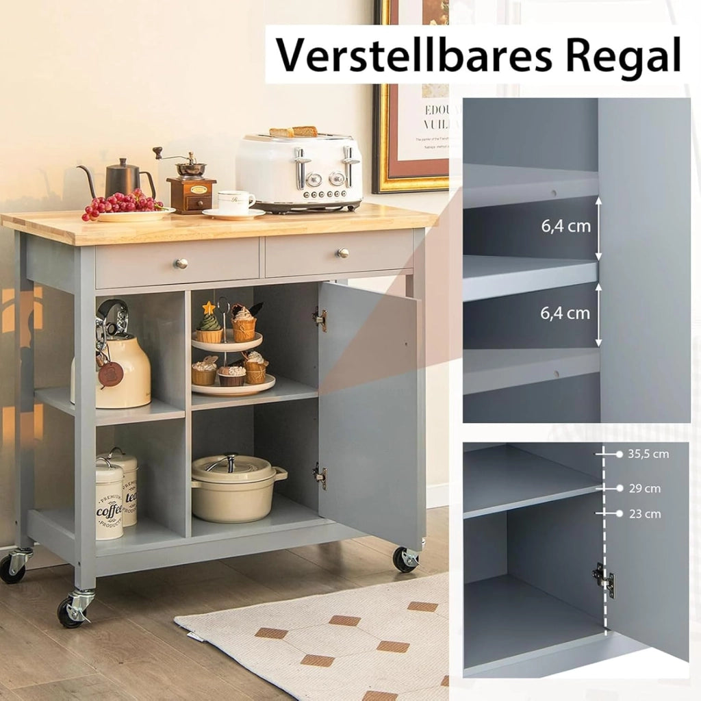 Carrello da cucina con ruote, isola da cucina con piano di lavoro, carrello da portata con ripiani regolabili, carrello da cucina, mobile da cucina con 2 cassetti e porta, trolley da cucina