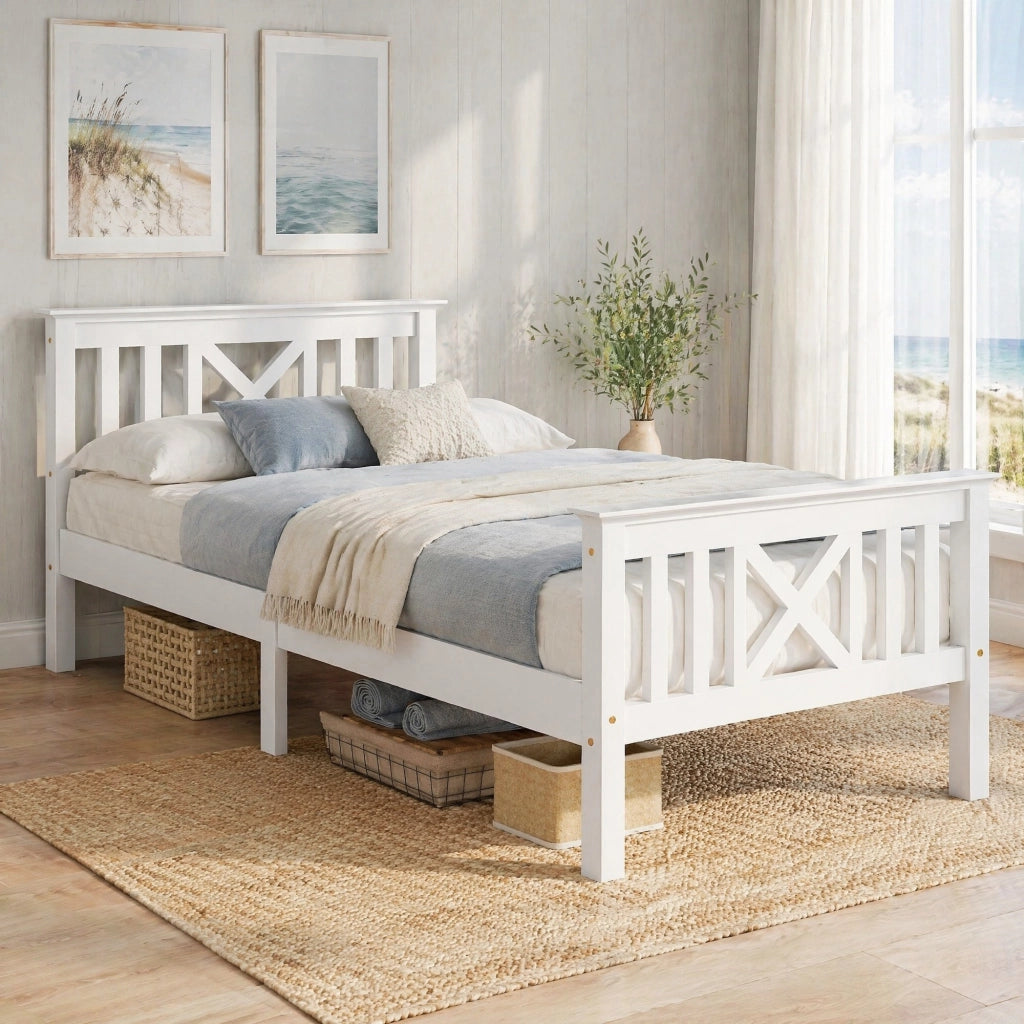 Letto singolo in legno massello bianco 90x200 cm con testiera a X e rete a doghe