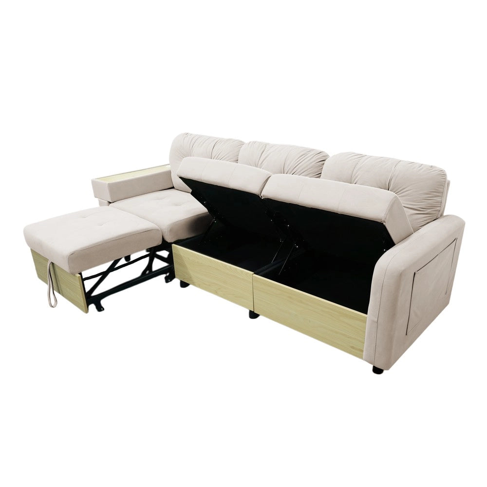 Divano Angolare 3 Posti con Penisola Estraibile ¨C MINIMAL ¨C Velluto Verde/Beige, Contenitore, Braccioli in Legno