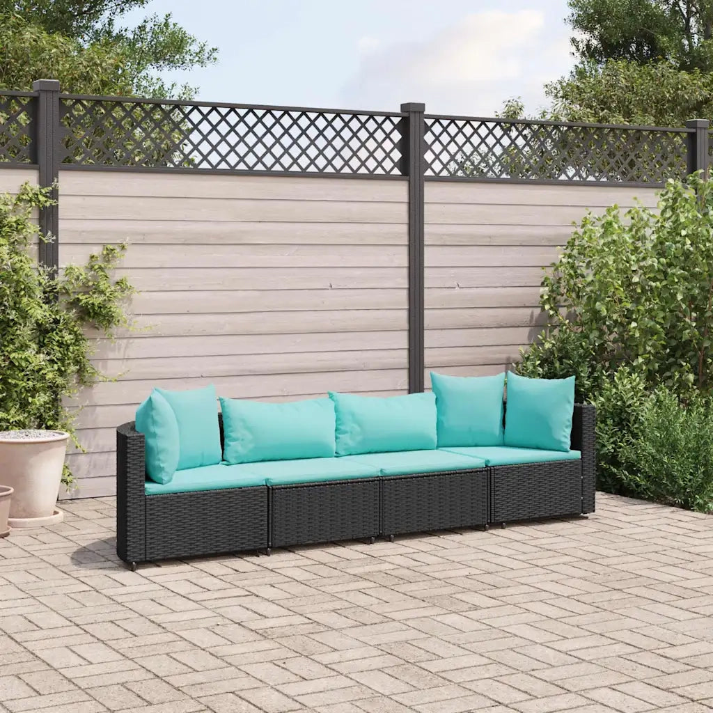 Set Divani da Giardino 4 pz | Set Salotto da Giardino con Cuscini Nero in Polyrattan