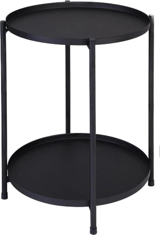 Tavolo di servizio in metallo rotondo con 2 strati - anti-ossidazione e impermeabile - piccolo tavolo per soggiorno, bevande, snack e caffè - cassettiera rimovibile (nero) 60 cm di altezza