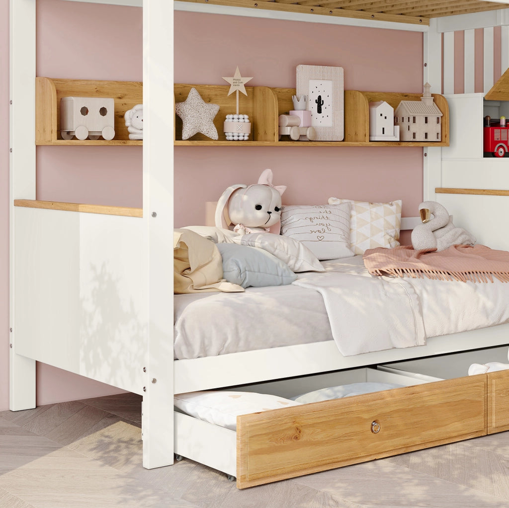 Letto a castello 90x200 cm con scala contenitore, 2 cassetti e ripiani