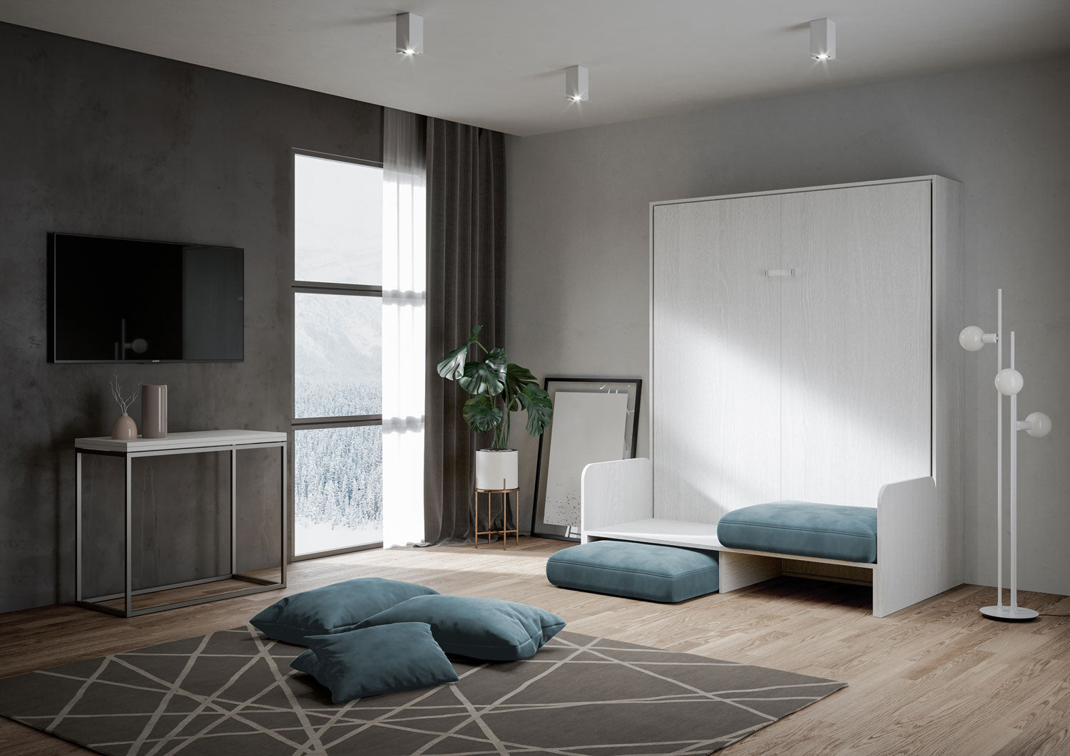 Letto Matrimoniale A Scomparsa 160 Kentaro Con Divano Bianco Frassino e Azzurro