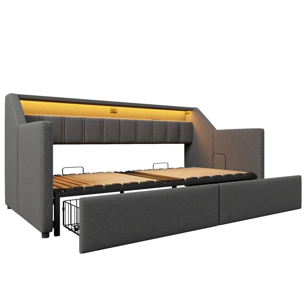 Letto estraibile 90x200 cm grigio in lino con LED, USB e 2 cassetti, senza materasso