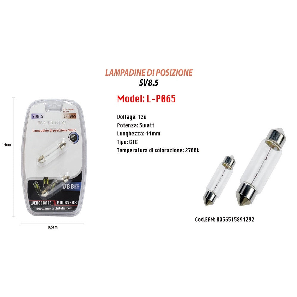 Trade Shop - Lampadine Di Posizione Sv8.5 Maxtech L-p065 12v/44mm 5 Watt 2700k Ultra Luminose -