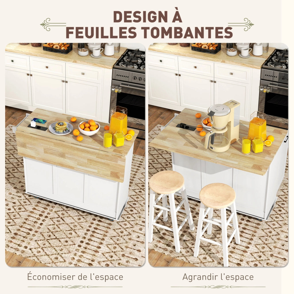 Isola cucina mobile con presa elettrica e USB ¨C Xylo ¨C bianco con ripiano ribaltabile