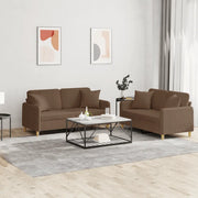Set di Divani 2 pz con Cuscini Marrone in Tessuto
