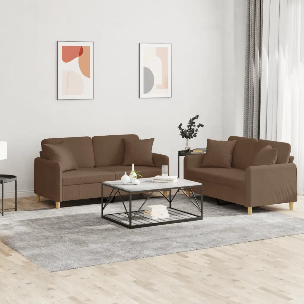 Set di Divani 2 pz con Cuscini Marrone in Tessuto