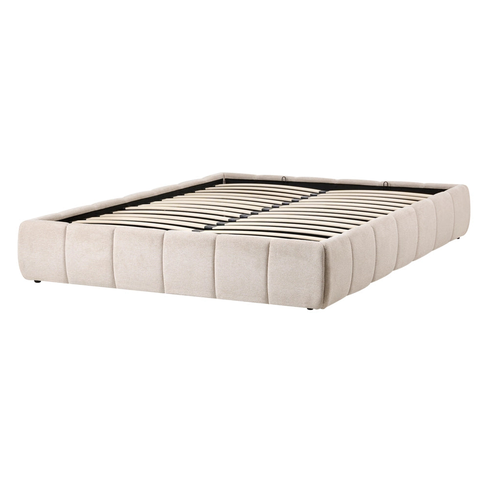 Letto in tessuto beige chiaro imbottito e trapuntato con rete a doghe 140x200 cm ribaltabile contenitore imbottito moderno letto matrimoniale