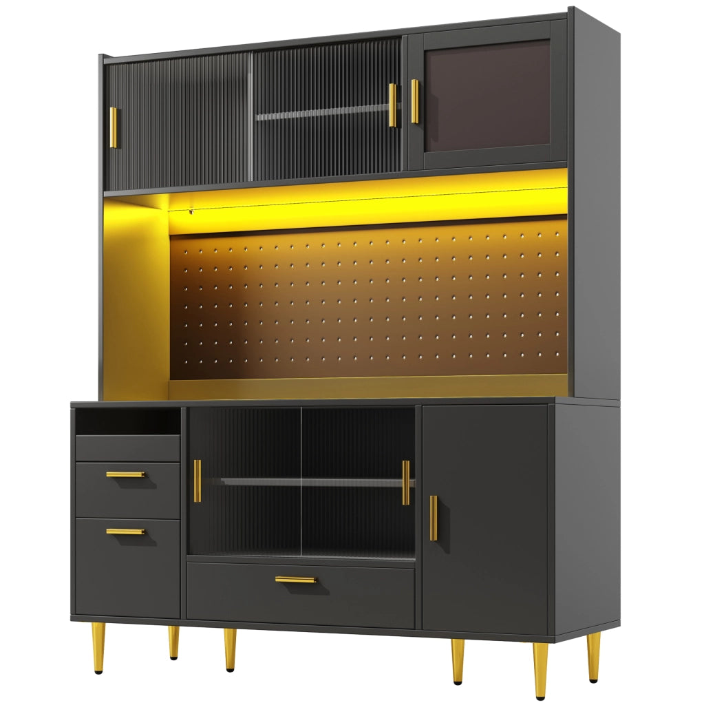Buffet 140x40x180 cm con illuminazione LED e ante scorrevoli in vetro; MDF; nero