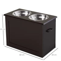 Ciotole Rialzate per Cani Grandi, Supporto Portaciotole in MDF con 2 Ciotole in Acciaio Inox, 60x30x41 cm, Marrone