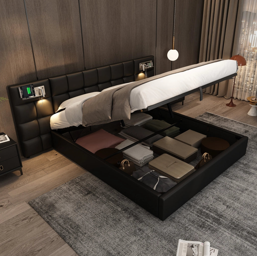 Letto matrimoniale imbottito 180x200 cm in PU nero con USB; ricarica wireless e contenitore