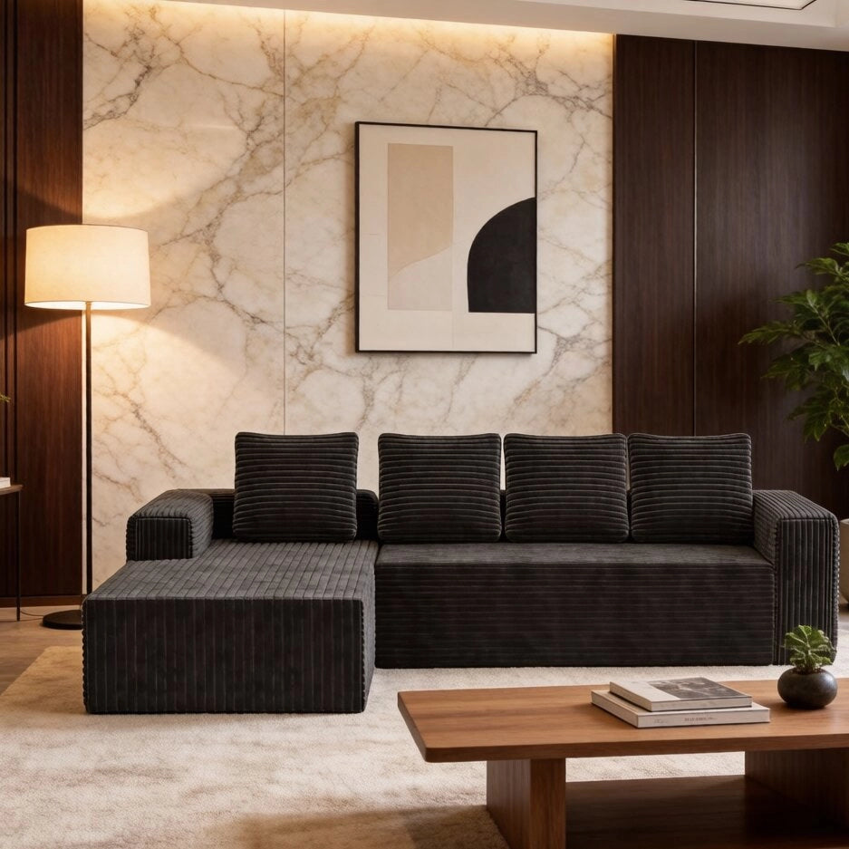 Divano angolare modulare a L con chaise longue reversibile e seduta profonda in velluto a coste - grigio