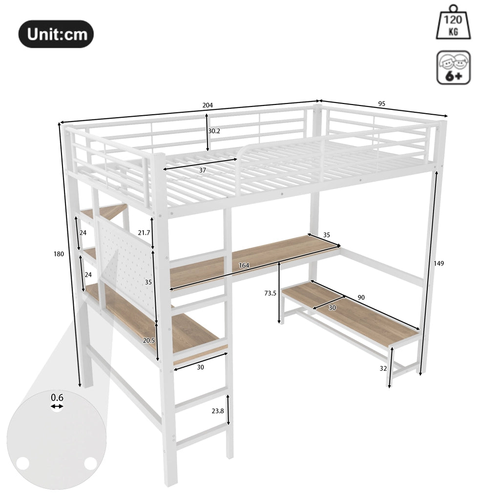 LETTO A CASTELLO 90 x 200 cm con scrivania, metallo e MDF, bianco