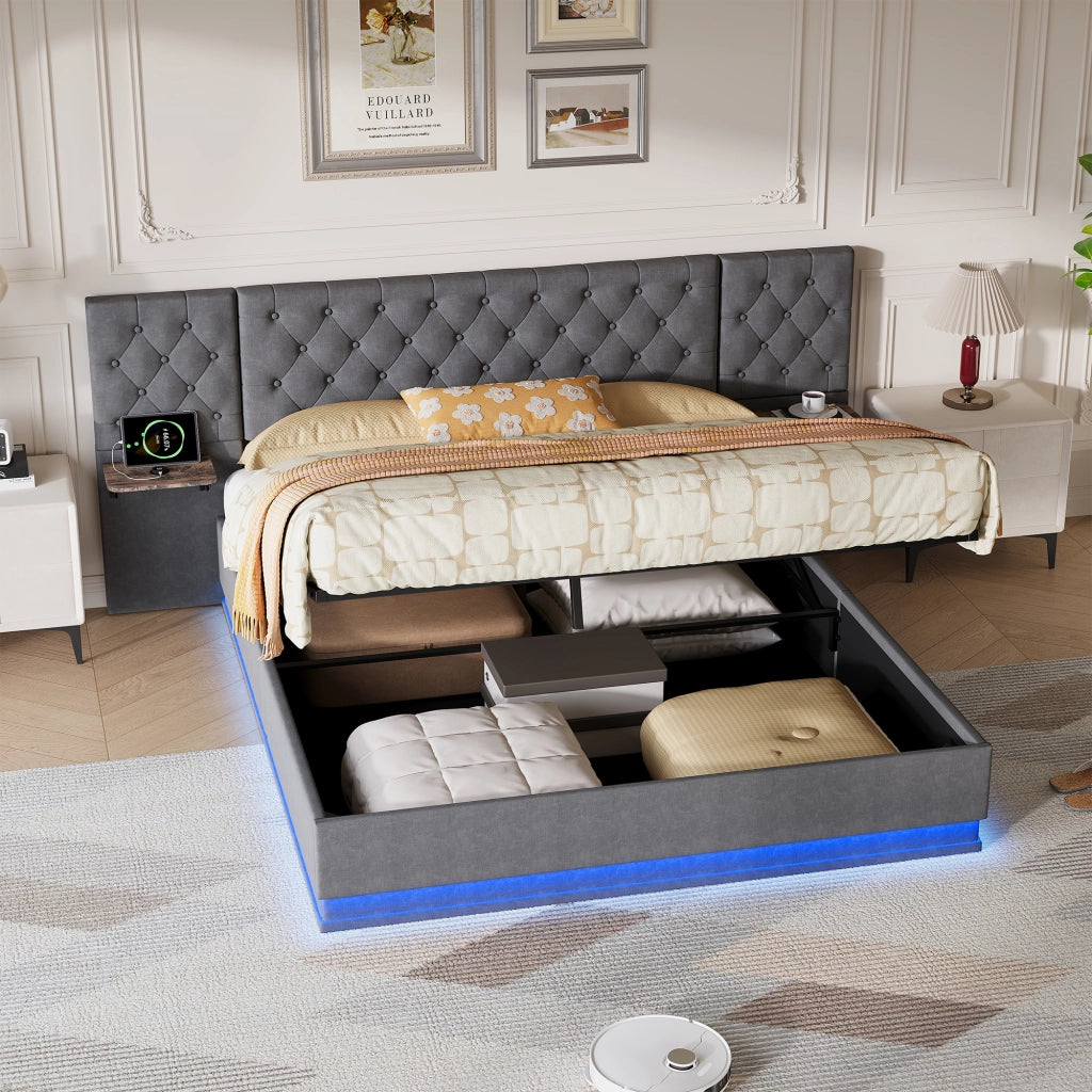Letto matrimoniale 160x200 cm con contenitore LED USB ricarica wireless testiera con mensole rete a doghe legno metallo lino - beige