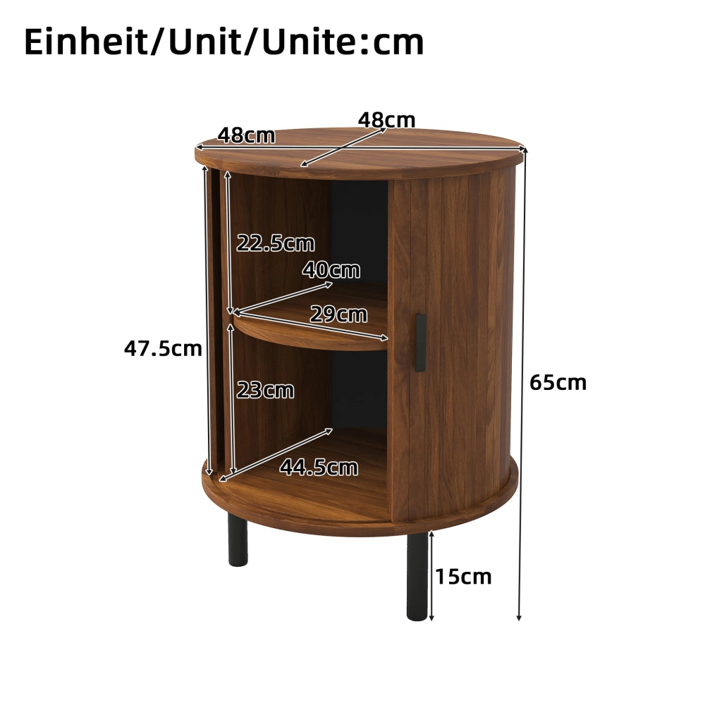 Mobile contenitore rotondo con anta scorrevole, finitura noce, 48x48x65 cm