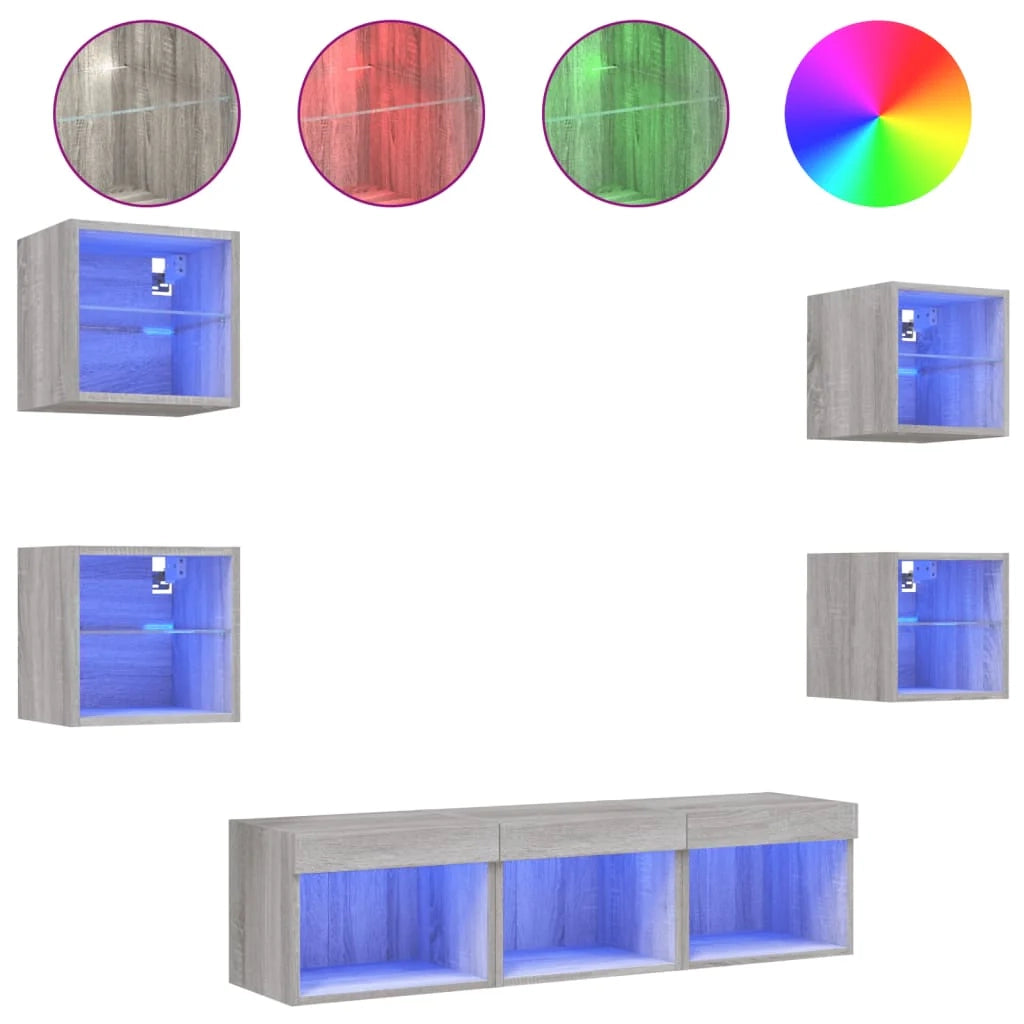 Mobile TV multimediale scaffale TV credenza mobile TV sala da pranzo soggiorno camera da letto con illuminazione a LED 7 pezzi legno ingegnerizzato Sonoma grigio 02_0029471