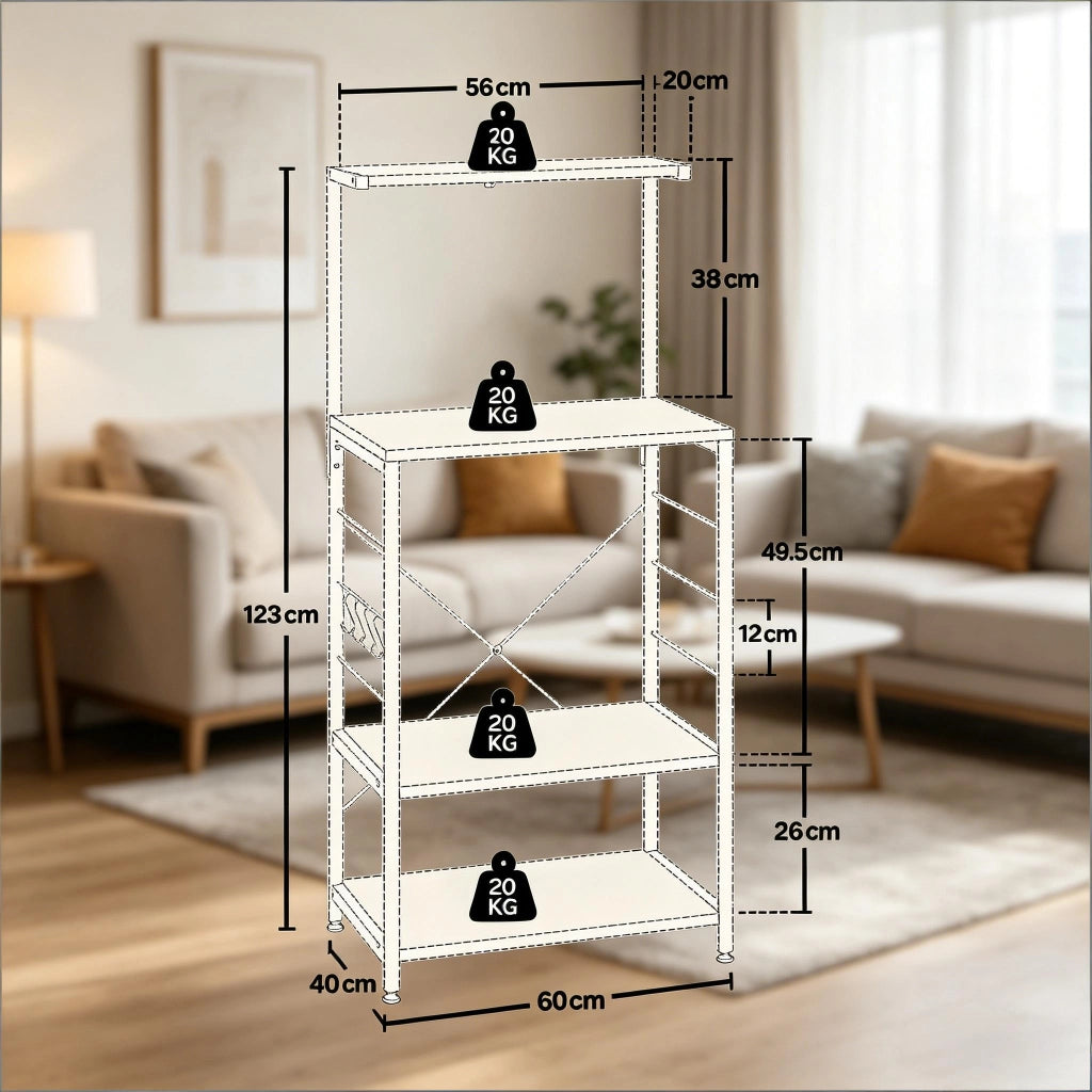 Scaffale da cucina multifunzione con 4 ripiani, struttura in acciaio e legno ingegnerizzato, bianco e rovere chiaro