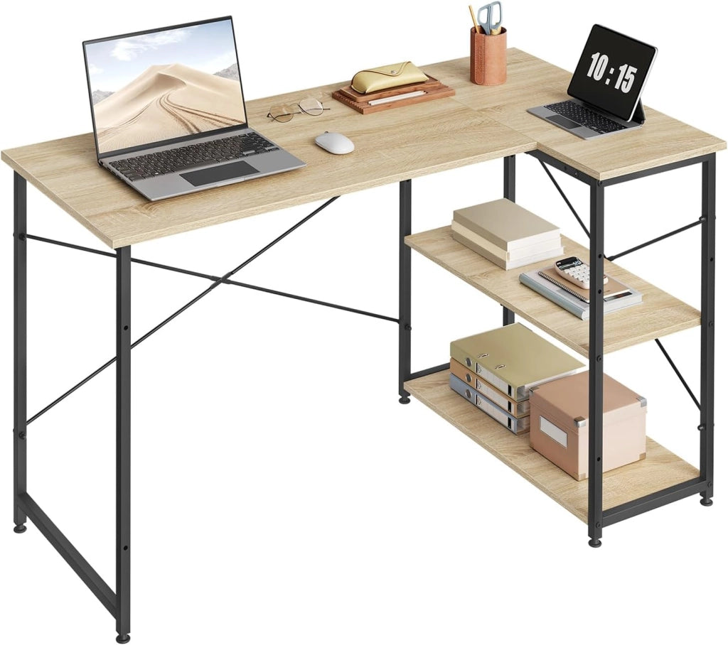 Scrivania Ufficio a L Compatta con Libreria Integrata - Design Salvaspazio per Studio/Camera, 120x73x72 cm, Rovere Naturale e Nero