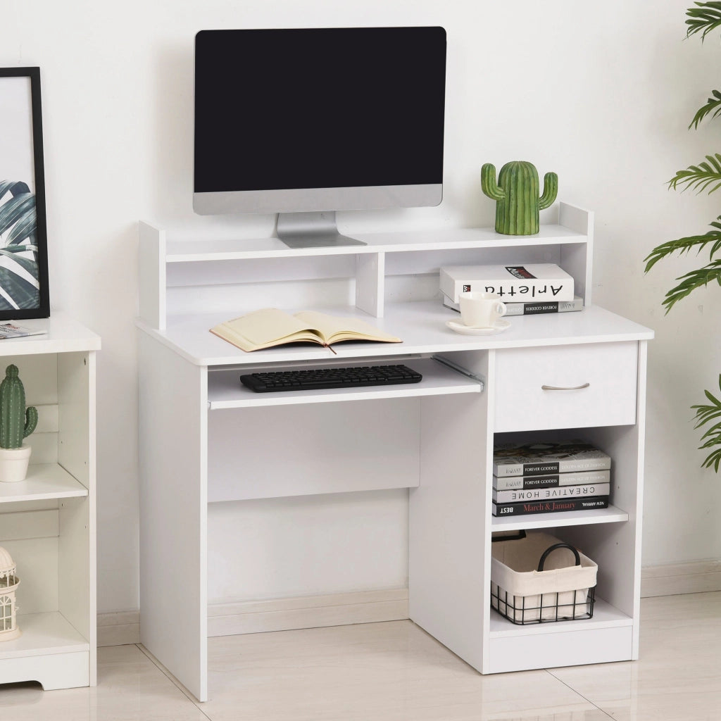 Scrivania 104 x 48 x 95,5 cm con Ripiano Tastiera Estraibile e Mensole  in Legno  Bianco