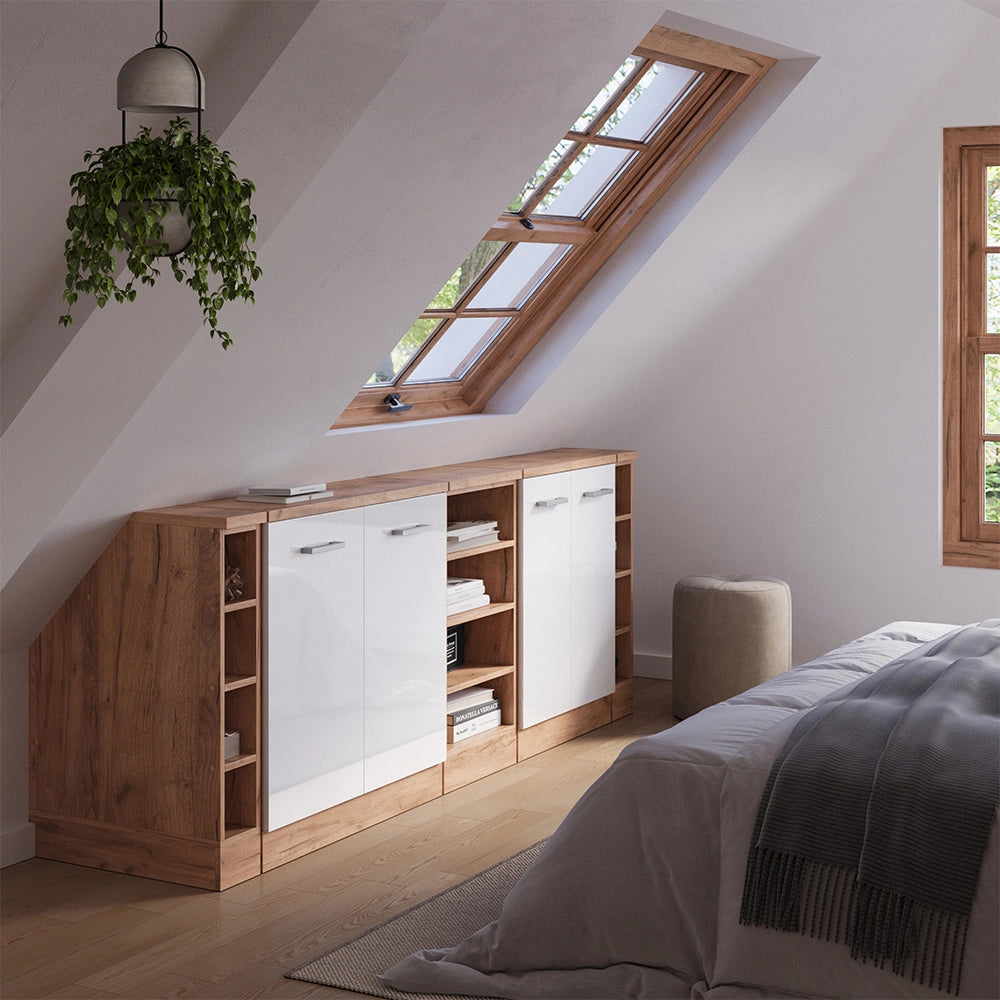 Set di mobili sottotetto Rion Bianco lucido/Rovere dorato 210 cm Set di 5 carcasse armadio profondità 60 cm Vicco