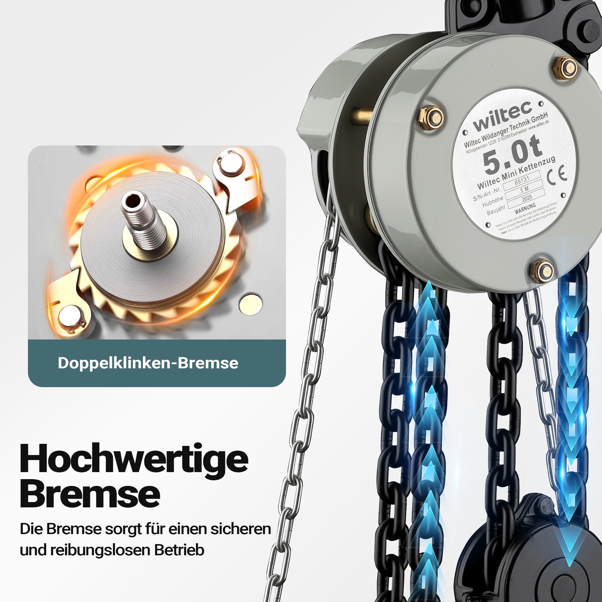 Mini paranco a catena manuale VSK-5, capacità di carico 5 t, altezza di sollevamento 3 m, per sollevare e abbassare carichi pesanti in officine, magazzini e cantieri, per impieghi gravosi