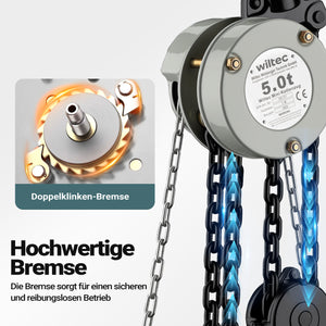 Mini paranco a catena manuale VSK-5, capacità di carico 5 t, altezza di sollevamento 3 m, per sollevare e abbassare carichi pesanti in officine, magazzini e cantieri, per impieghi gravosi