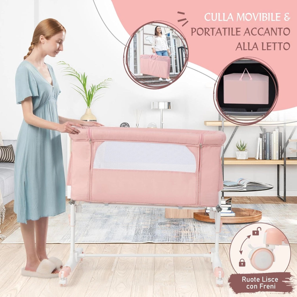 Culla Neonato Fianco Letto 3 in 1, Lettino Dondolo Neonati con Materasso, Culla da Campeggio con Ruote e Borsa, Regolabile In Altezza, Inclinazione di 10°, per Bambini 0-6 Mesi (Rosa)