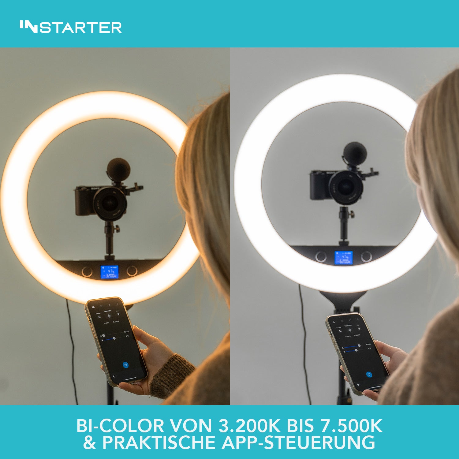 Instarter Ring light a LED con treppiedi, Luce ad anello orientabile a 180°, Lampada per video da 60 W bicolore, illuminazione regolabile