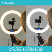 Instarter Ring light a LED con treppiedi, Luce ad anello orientabile a 180°, Lampada per video da 60 W bicolore, illuminazione regolabile