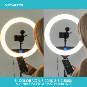 Instarter Ring light a LED con treppiedi, Luce ad anello orientabile a 180°, Lampada per video da 60 W bicolore, illuminazione regolabile