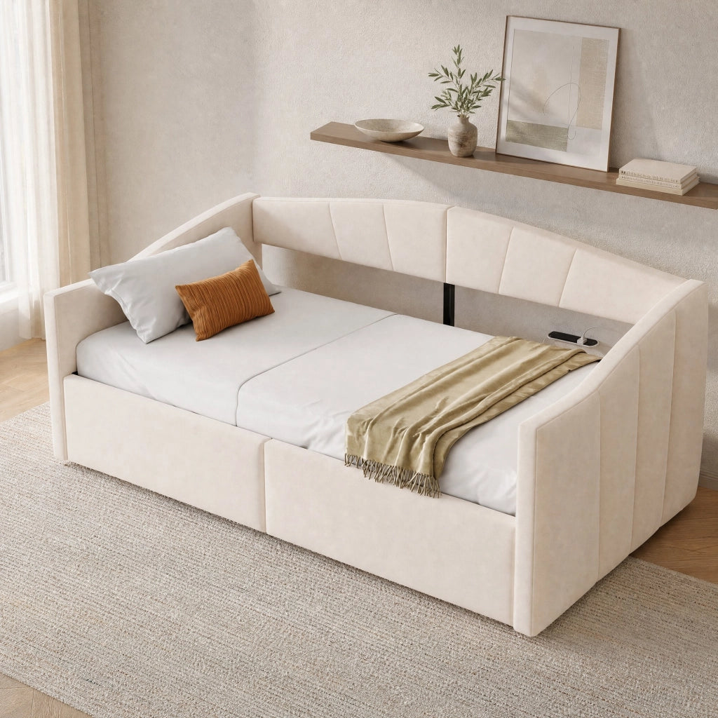 Sofà letto imbottito 90x200 cm con contenitore idraulico; rete a doghe e braccioli; beige