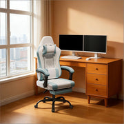 Sedia da ufficio ergonomica girevole con funzione massaggio poggiatesta e supporto lombare in tessuto blu e bianco