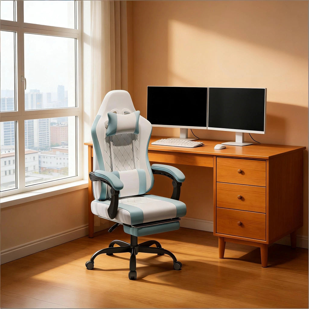 Sedia da ufficio ergonomica girevole con funzione massaggio poggiatesta e supporto lombare in tessuto blu e bianco