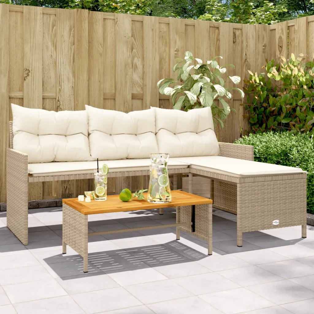 Divano da Giardino con Tavolo e Cuscini a L Beige in Polyrattan 365583