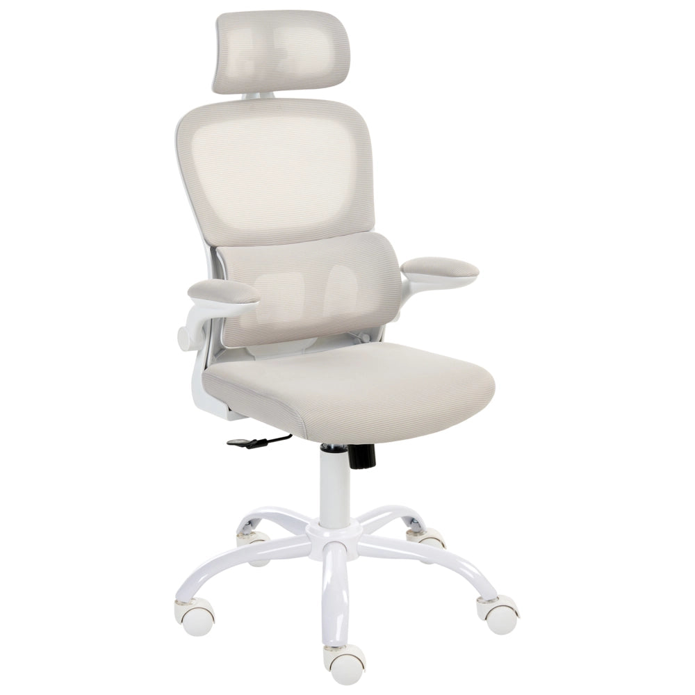 Sedia da ufficio beige con rivestimento in rete base in ferro girevole altezza regolabile poggiatesta e braccioli schienale reclinabile
