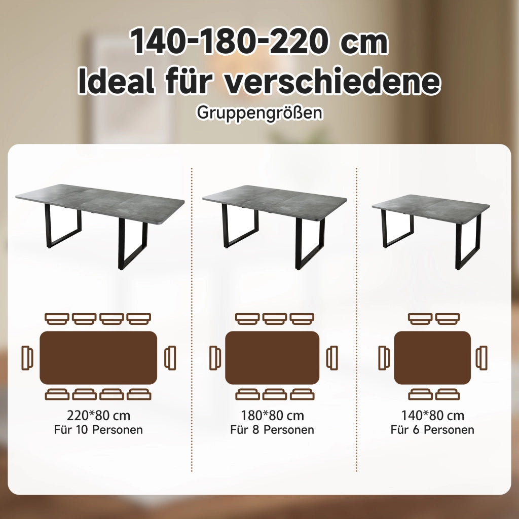Tavolo da pranzo allungabile a 3 livelli con struttura stabile e piano in MDF, per sala da pranzo e cucina, grigio