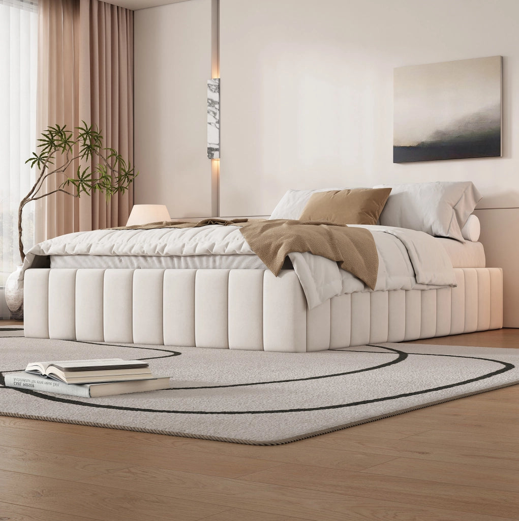 Letto imbottito 140x200 cm in velluto beige con 4 cassetti