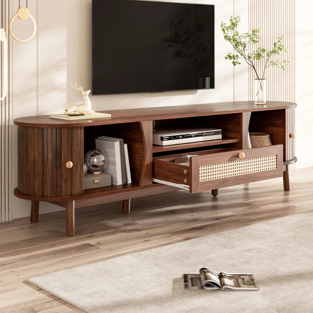 Mobile TV con 2 Ante Scorrevoli e 2 Cassetti in Rattan; Stile Country; Soggiorno; 165??37??46 cm; in MDF; Noce