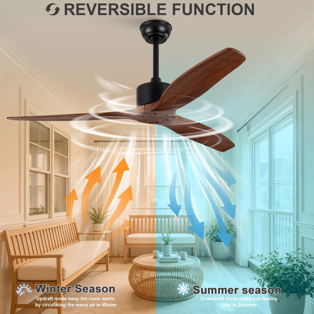 Ventilatore da soffitto 52 pollici senza illuminazione con telecomando, 3 pale legno massello, motore DC reversibile silenzioso, design moderno