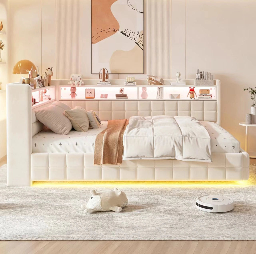 Divano letto 140x200 cm con contenitore idraulico, LED e prese USB-C in velluto beige