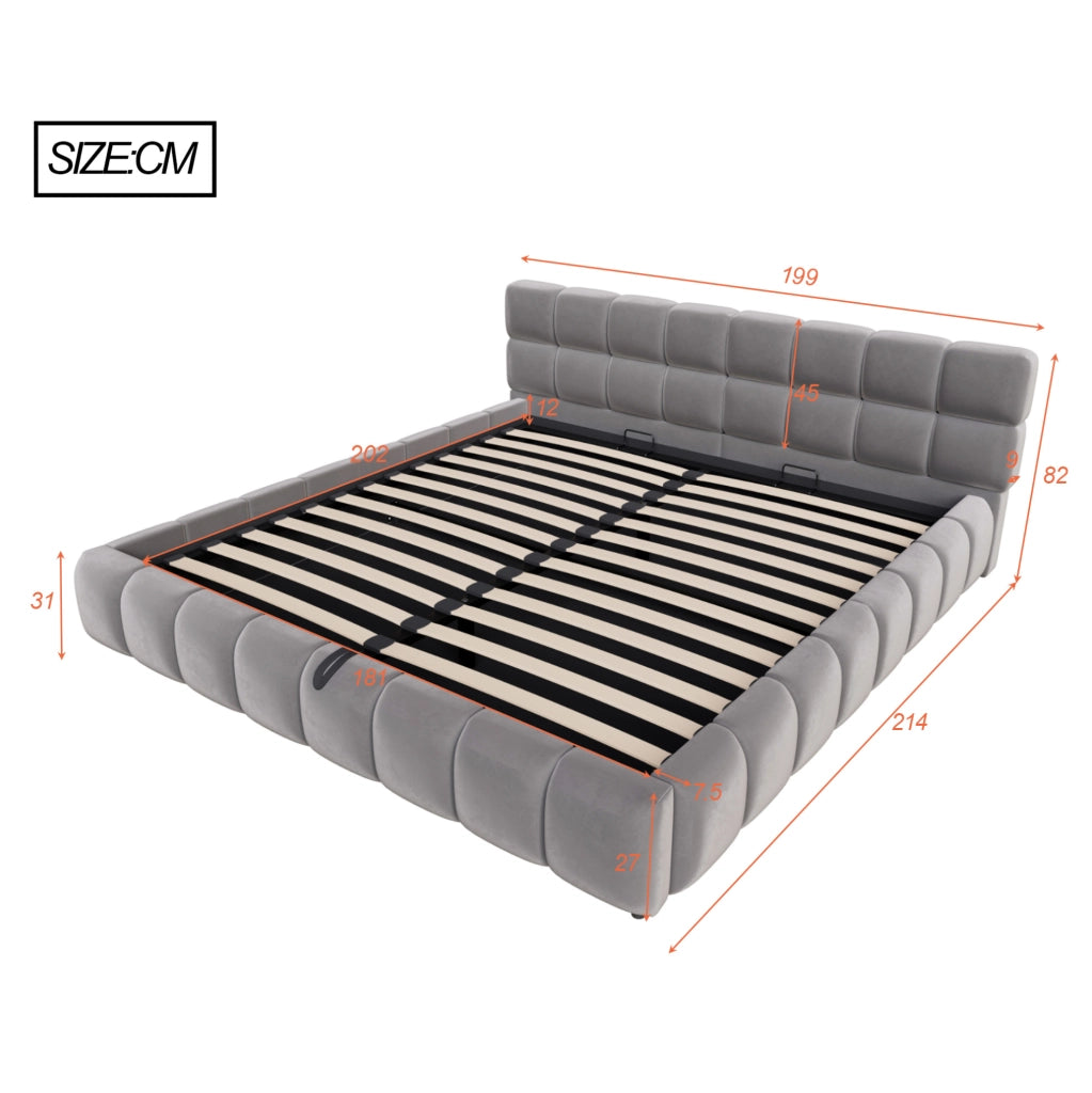 Letto matrimoniale imbottito 180x200 cm in velluto grigio con LED e contenitore idraulico