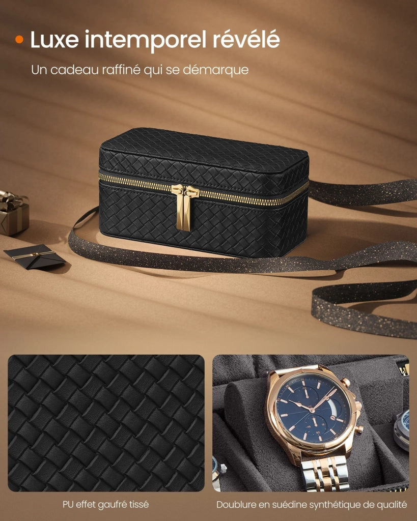 Custodia da viaggio per 3 orologi scatola porta orologi in PU goffrato intrecciato 10 x 20 x 9 cm nero 12_0006088