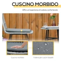 Set Mobili da Giardino 3 Pezzi con Tavolino e Sedie in Rattan PE, Poilestere e Acciaio per Esterni, Grigio