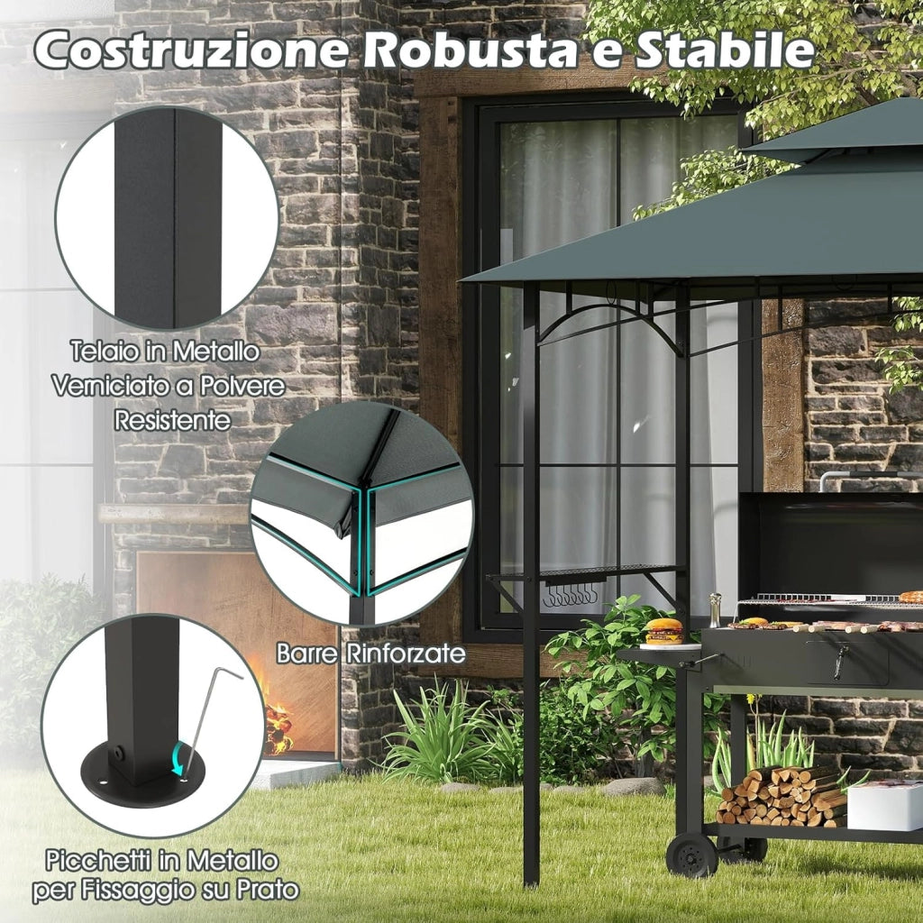 Gazebo per Barbecue 240 x 151 cm, Pergola per BBQ con con 2 Ripiani, 7 Ganci, Struttura in Metallo e Tetto Morbido, Tenda per Picnic e Barbecue per Giardino, Piscina e Terrazza (Grigio)